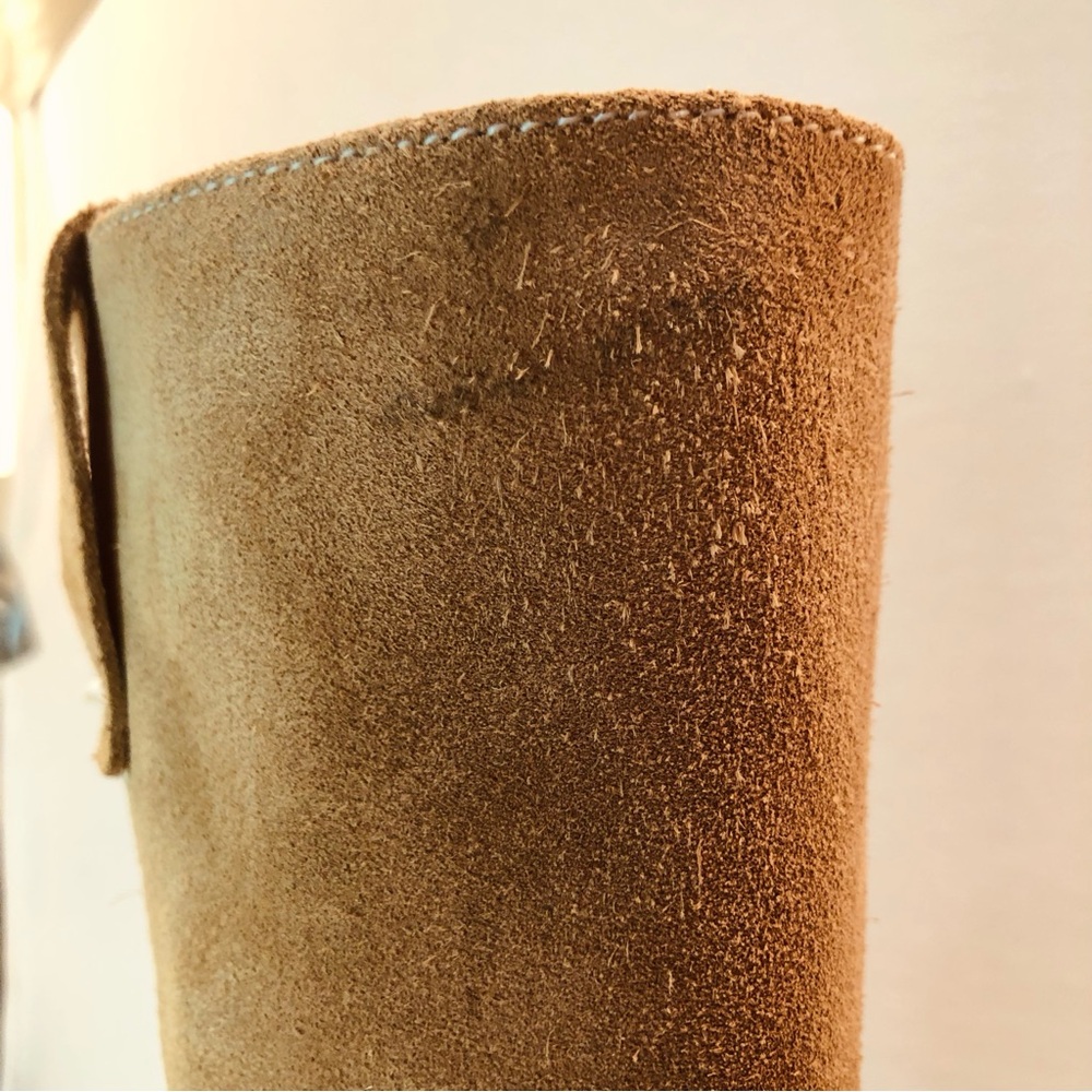 FRYE CAMPUS 12R Tan Mid Calf Suede Leather Boots Stacked wood heel Round toe 6.5 - Picture 14 of 15